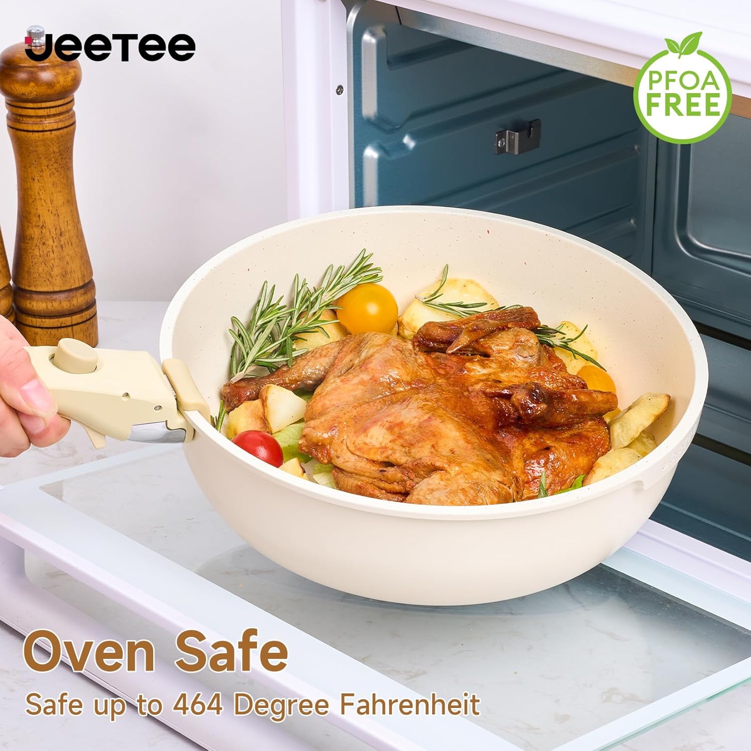 JEETEE Topfset Pfannenset mit abnehmbarem Griffen 25-Teilig, Pfanne 20/26cm, Kochtopf 18/20cm, Tiefe Bratpfanne 26cm, Grillpfanne 26cm, Stapelbar Topfset Für alle Herdarten, Antihaft, Ofenfest, Beige