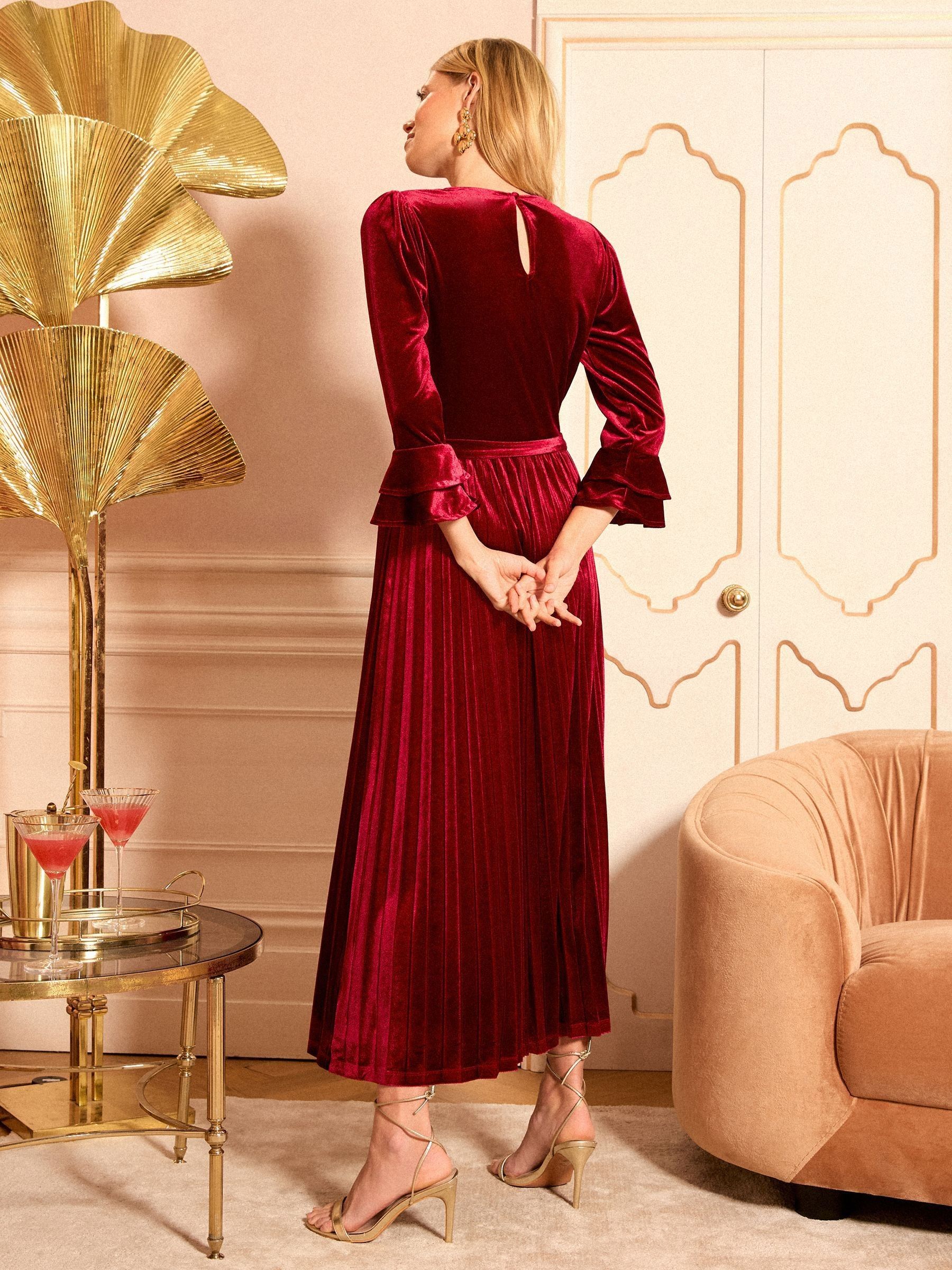 Rood - Love & Roses velvet midi-jurk met uitlopende mouwen