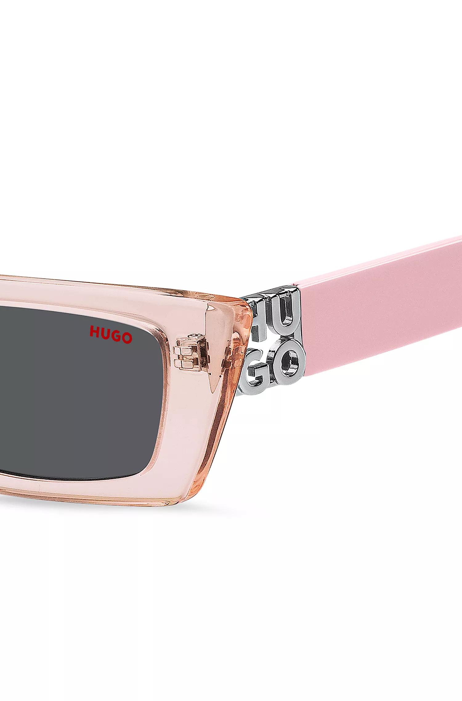 Óculos de sol HUGO em acetato vermelho e rosa com monograma 3D.