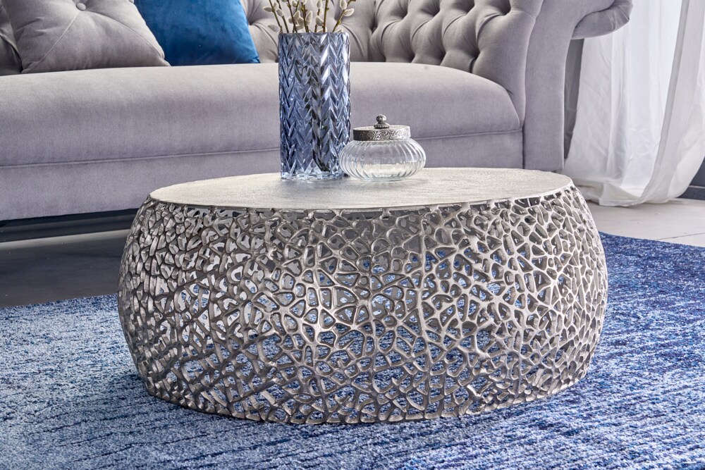 riess-ambiente Couchtisch ABSTRACT LEAF - Runder Couchtisch 75cm silber antik Metall filigrane Handarbeit