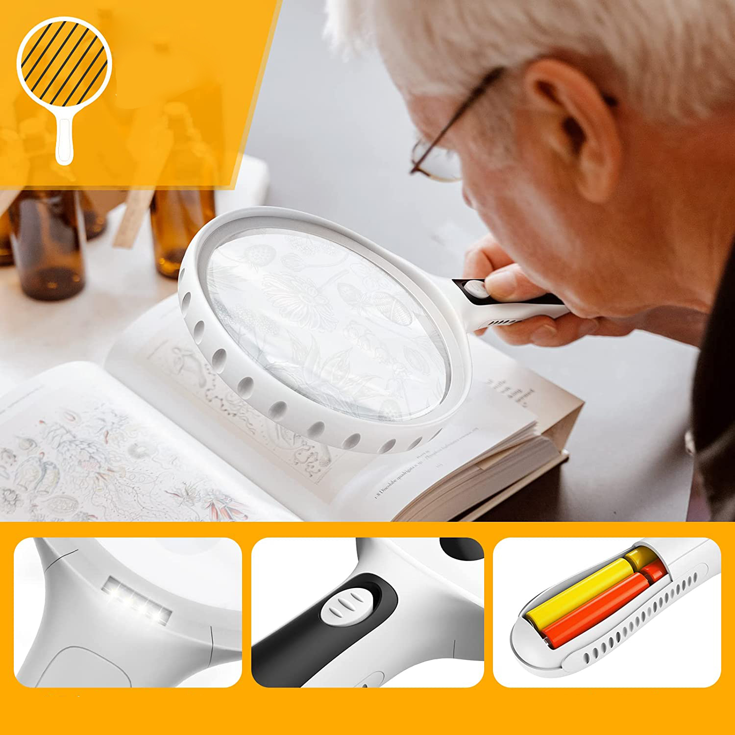 Lupe mit 3x 10x Vergrösserung   4 LED's Leselupe für Briefmarken / Münzen / Bücher (Batteriebetrieben) - Weiss