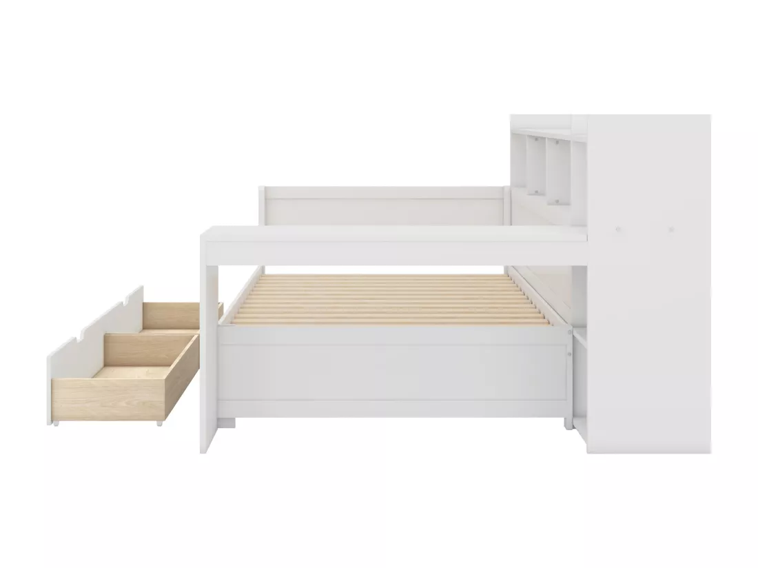 Lit banquette 90x200cm - bureau avec prise USB - 2 tiroirs & étagères - Blanc (matelas non inclus)