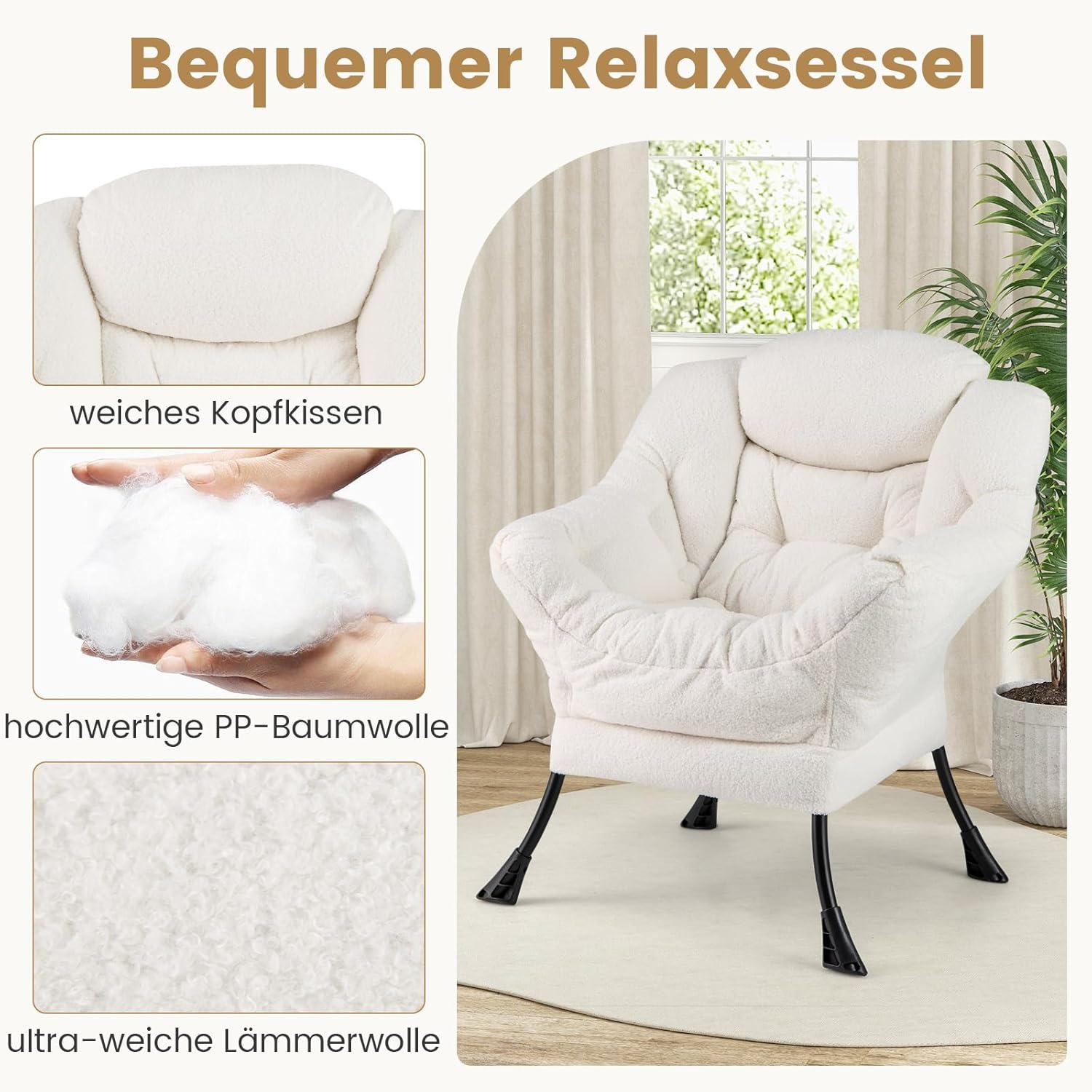COSTWAY Sessel mit Hocker, Relaxsessel mit Armlehnen, Seitentasche & Fußstütze, Loungesessel, Fernsehsessel, gepolsterter Ohrensessel für Wohnzimmer, Schlafzimmer, Büro (Beige)