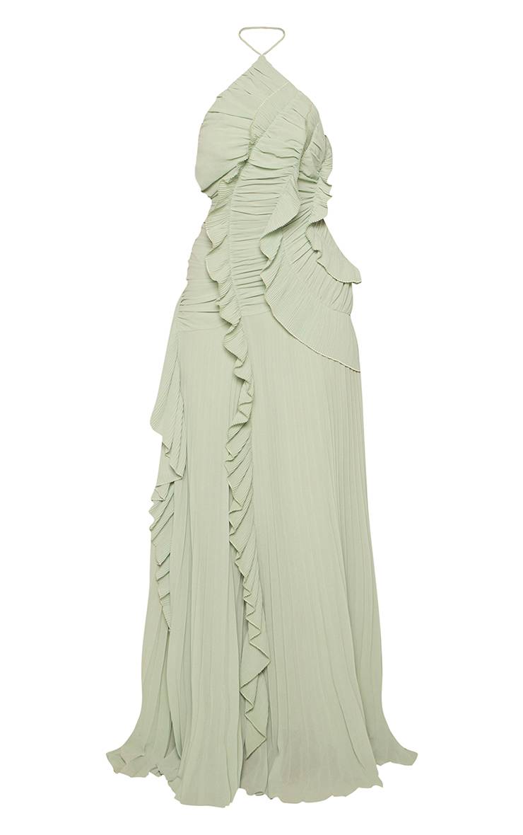 Vert Robe Maxi Plissée À Volants Et Col Licou
