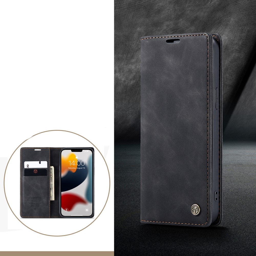 iPhone 13 Pro Leder Tasche Flip Wallet Etui mit Kartenfächern - Schwarz