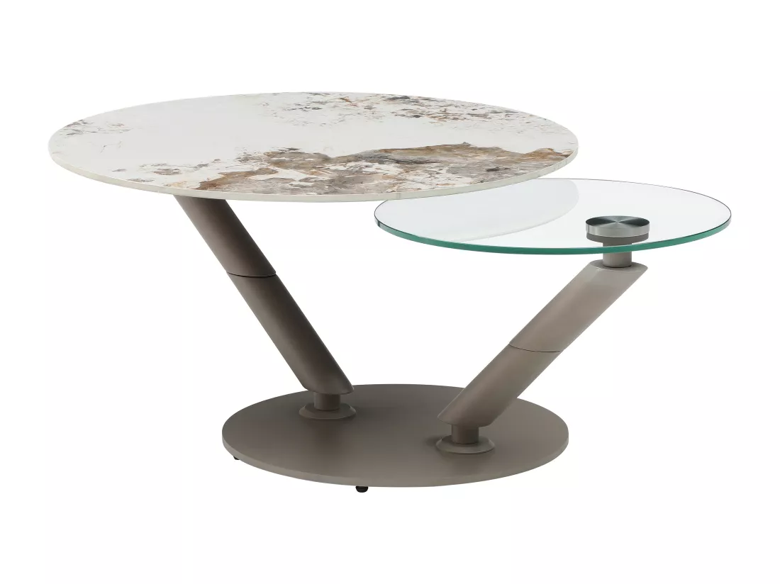Table basse avec plateaux pivotants en céramique, verre trempé et métal taupe - Effet marbre blanc et gris - ELDOVA