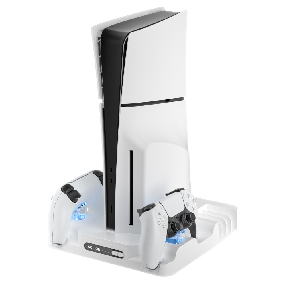 Sony PlayStation PS5 Slim Halterung mit aktivem Lüfter und Controller Dual Ladestation   Disk Ständer - Weiss