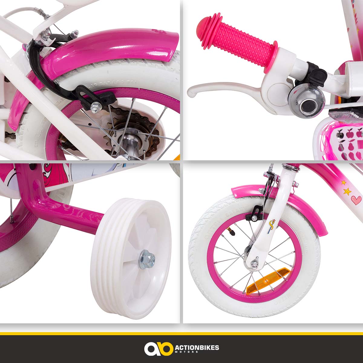 Actionbikes Kinderfahrrad Unicorn 12 Zoll, Pink, Einhorn-Design, Puppensitz, Stützräder, Fahrradkorb
