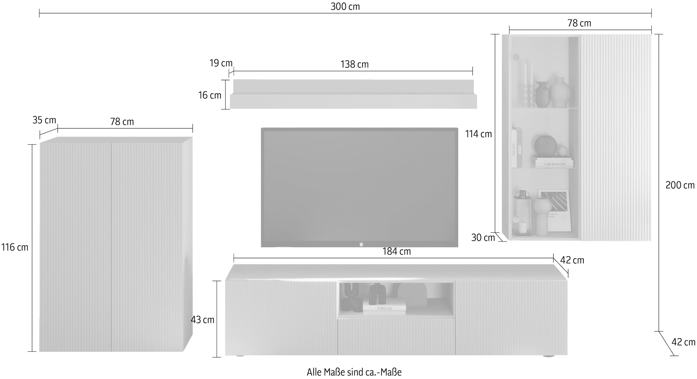 INOSIGN Wohnwand »Rio, 4tlg. Breite 300 cm, modernes, elegantes Wohnzimmer-Set« 4 Stk. tlg.