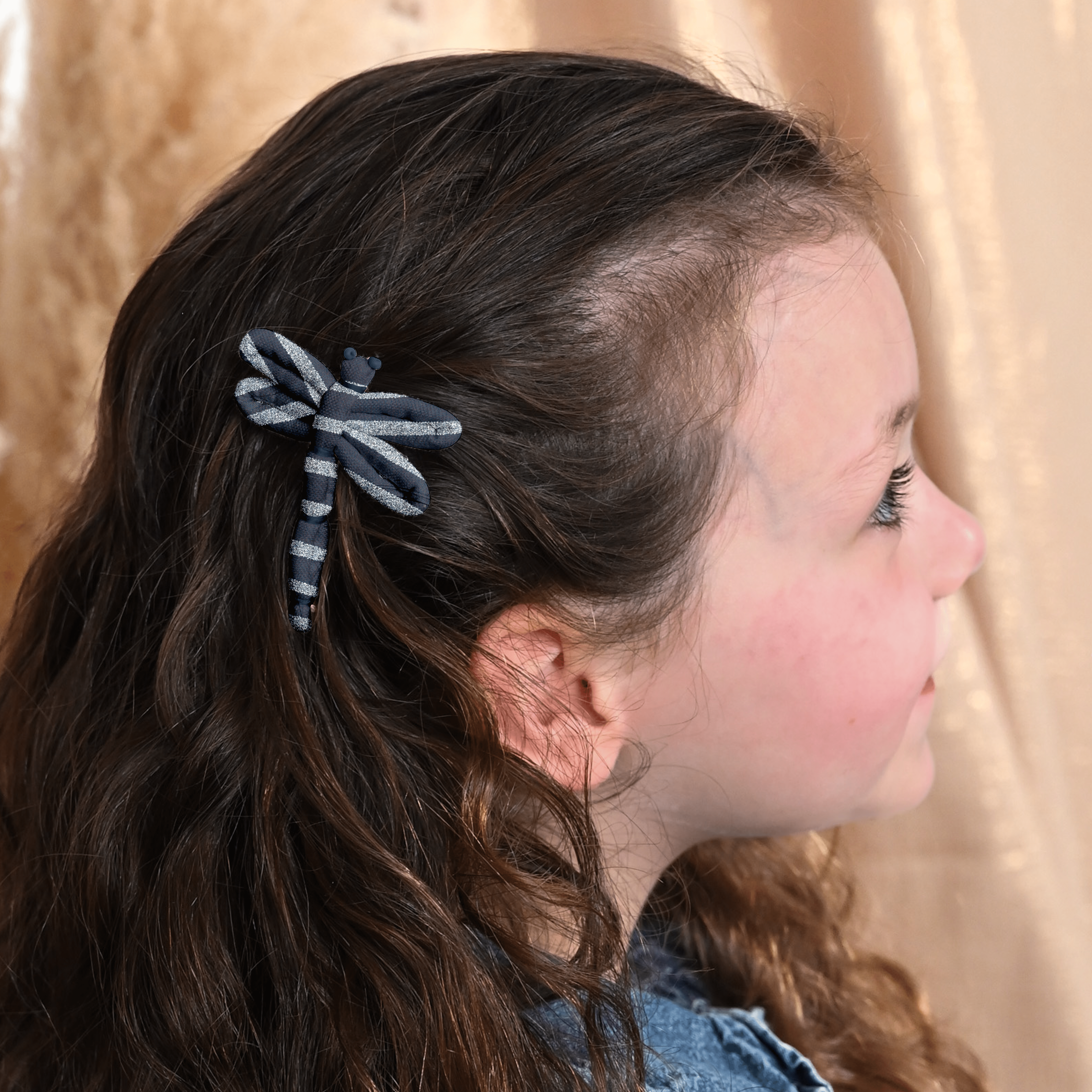Barrette Libellule Rayé Argent Marine