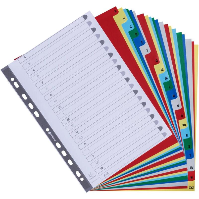 Intercalaires imprimés alphabétiques PP couleurs 12/100 AZ - A4 - Couleurs assorties