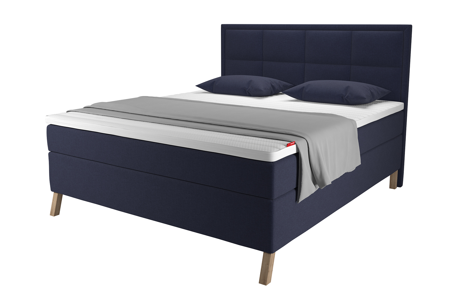Sensitive 400 kontinentalseng Tekstil Navy 61 i 180x200 cm. Medium/Medium komfort m/Premium latex overmadrass og Tilt oak ben 16cm. Uten hodegavl.