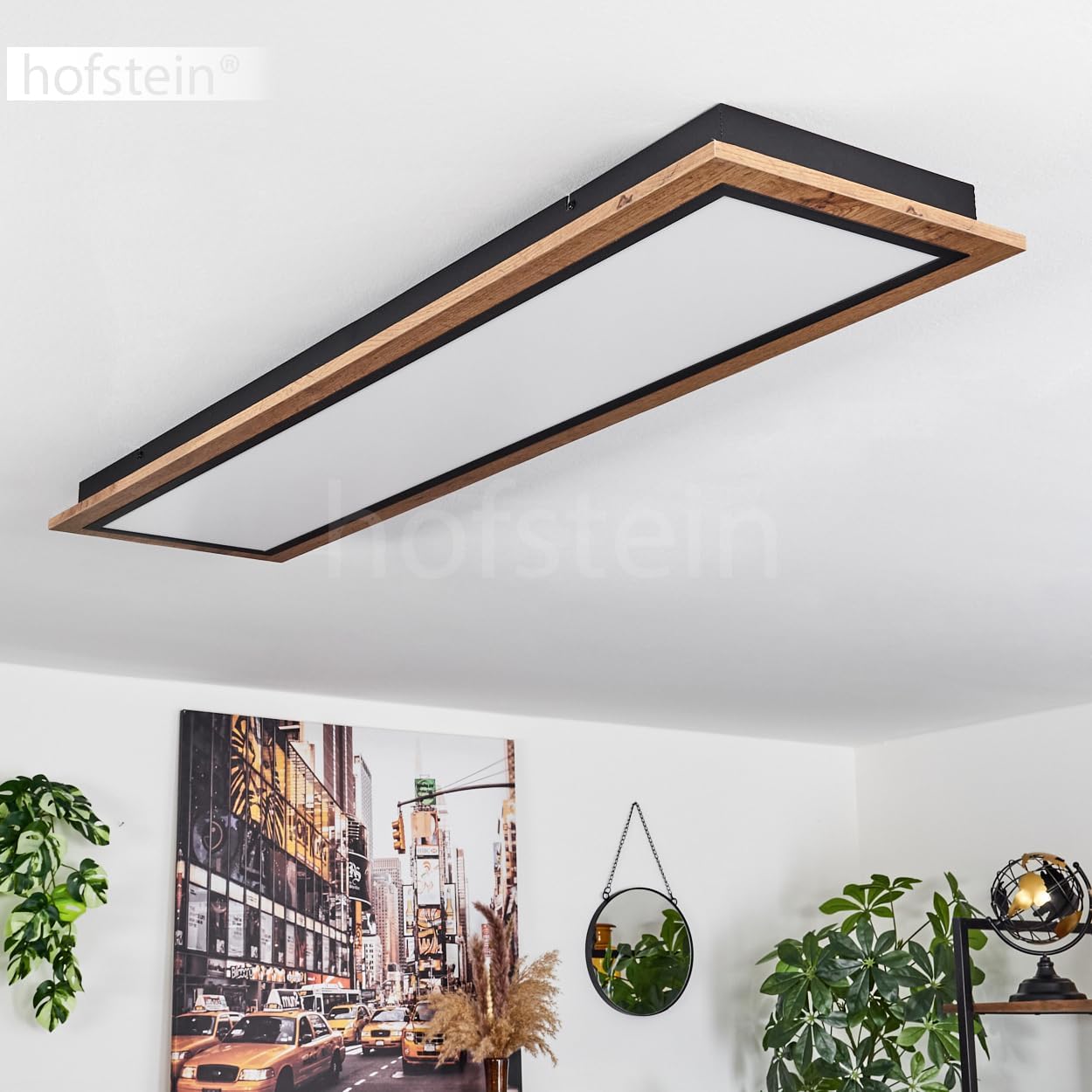 LED Deckenleuchte Salmi, moderne Deckenlampe aus Metall/MDF/Kunststoff in Schwarz/Holzoptik/Braun/Weiß, rechteckige Leuchte (120 cm x 30 cm), 4000 Lumen, 3000 Kelvin, LED 36 Watt
