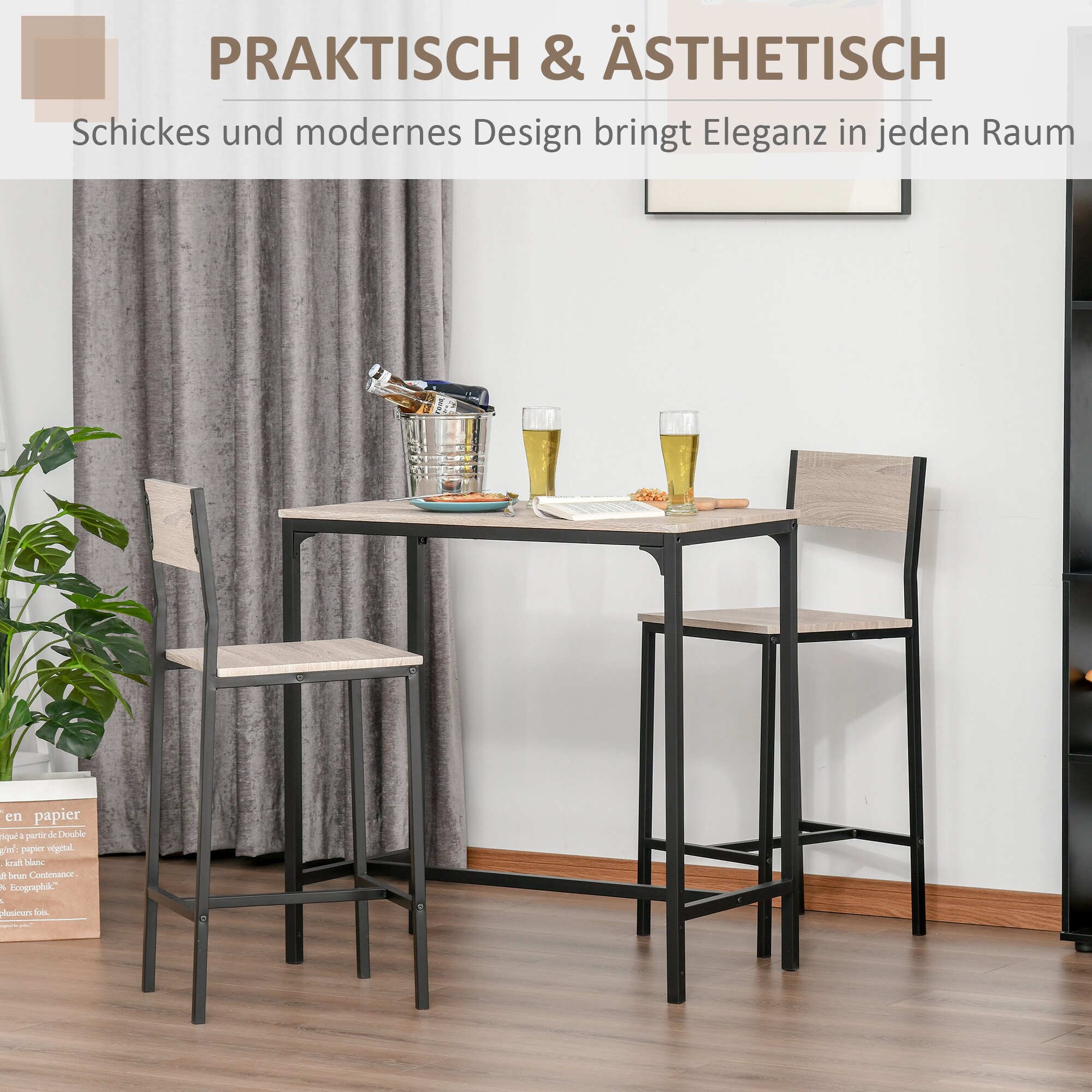 HOMCOM Bartisch mit 2 Stühlen natur, schwarz