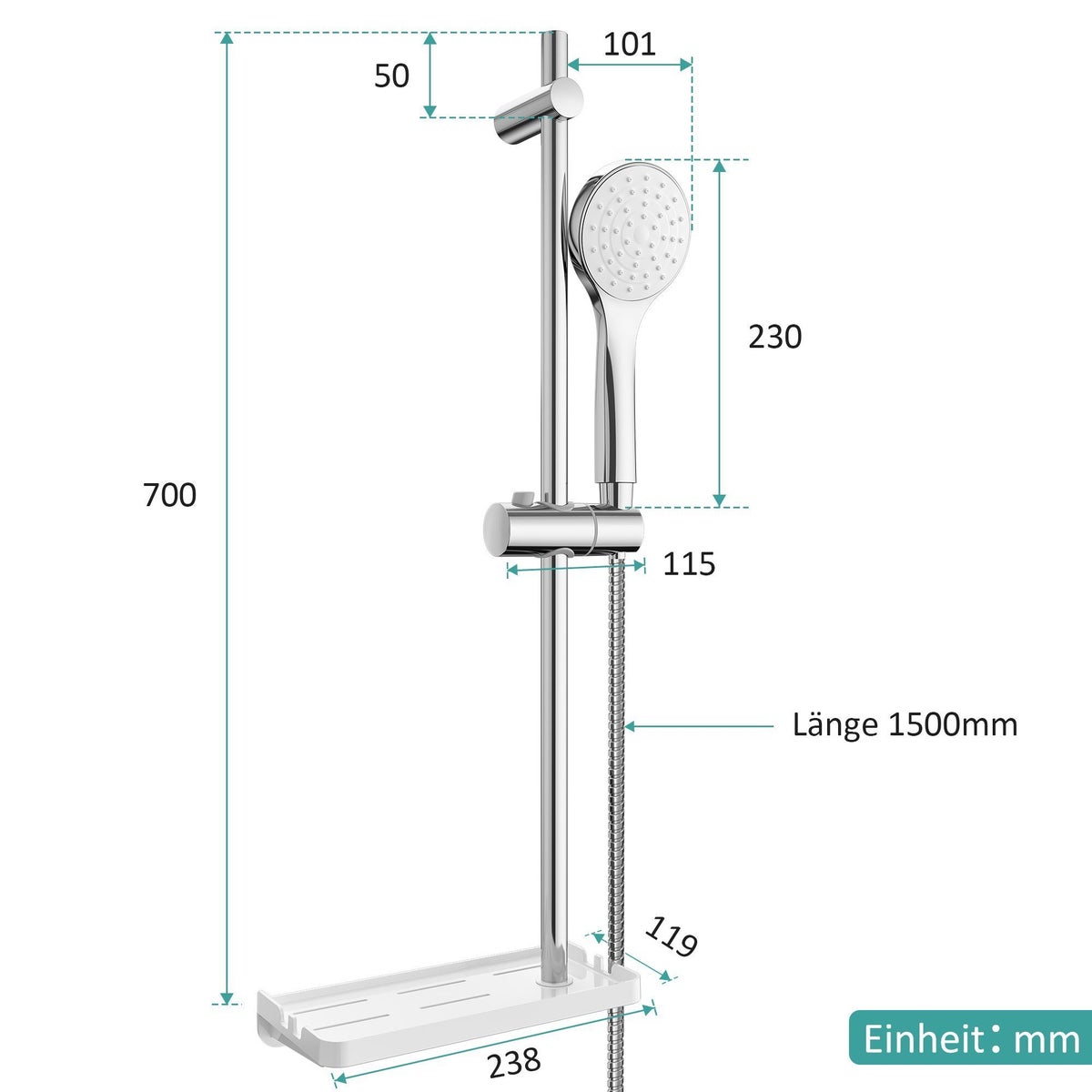 EMKE Doucheset – Handdouche met zeephouder, 3 straalsoorten, 70 cm douchestang, 1,5 m slang, chroom