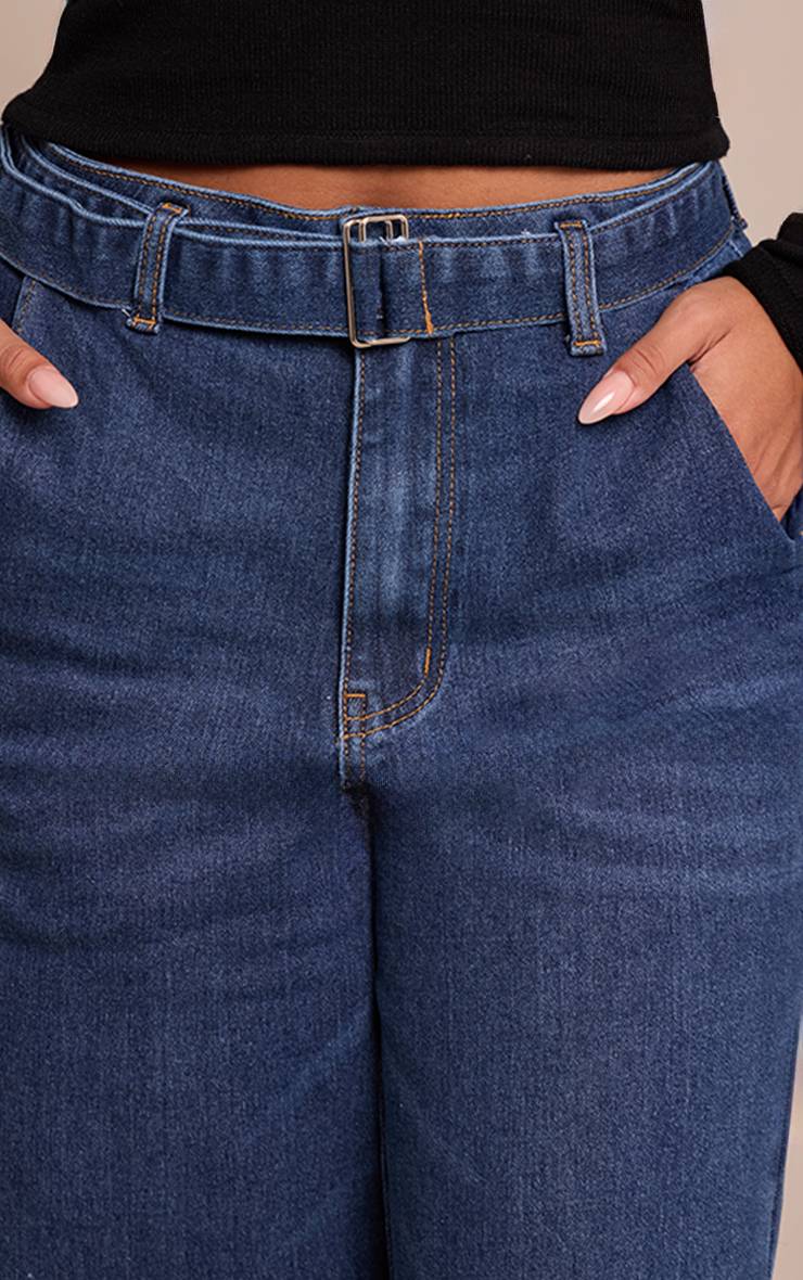 Bleu Indigo Jean Large Taille Haute Ceinturé En Denim Stretch Shape