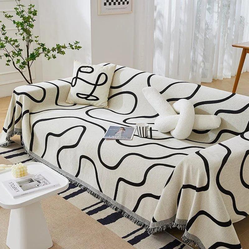 Chenille Line Pattern Throw Blanket with Tassel | Simple Nordic Jacquard Reversible Double Sided Sofa Cover