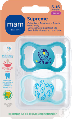 Mam Sucette Supreme Silicone Pure 6-16 Mois Bleu 2 Pièces