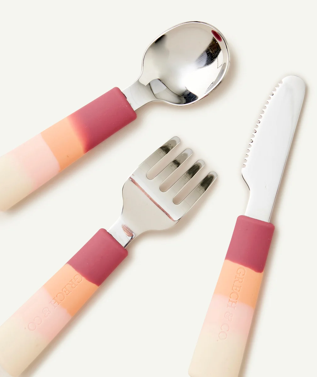 GRECH & CO.ENSEMBLE COUVERTS 3 PIÈCES ROSES ENFANT EN SILICONE