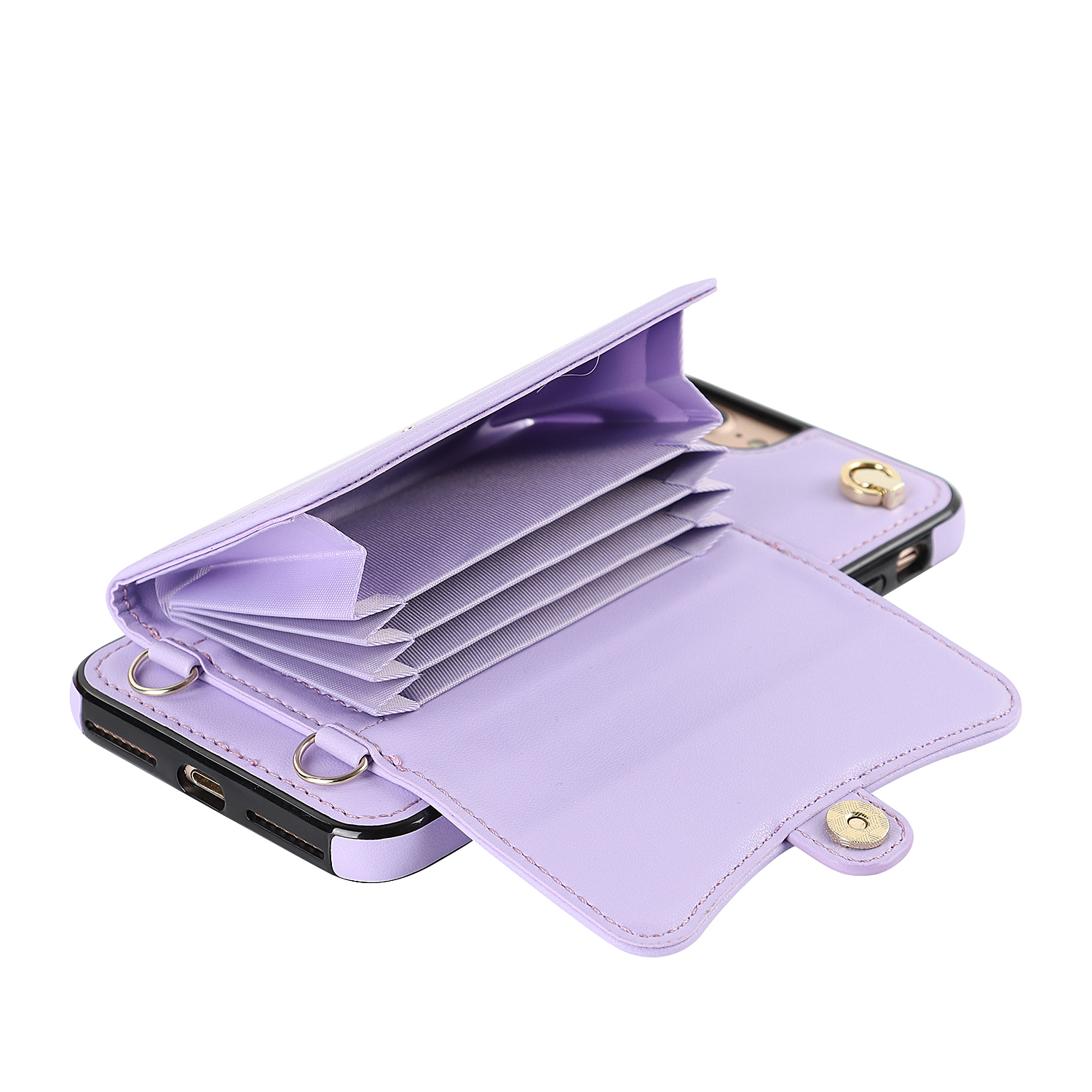 iPhone SE (2022/2020) / 8 / 7 / 6S Necklace Leder Schutz Hülle mit Kartenfach   Handykette (140cm) - Lila