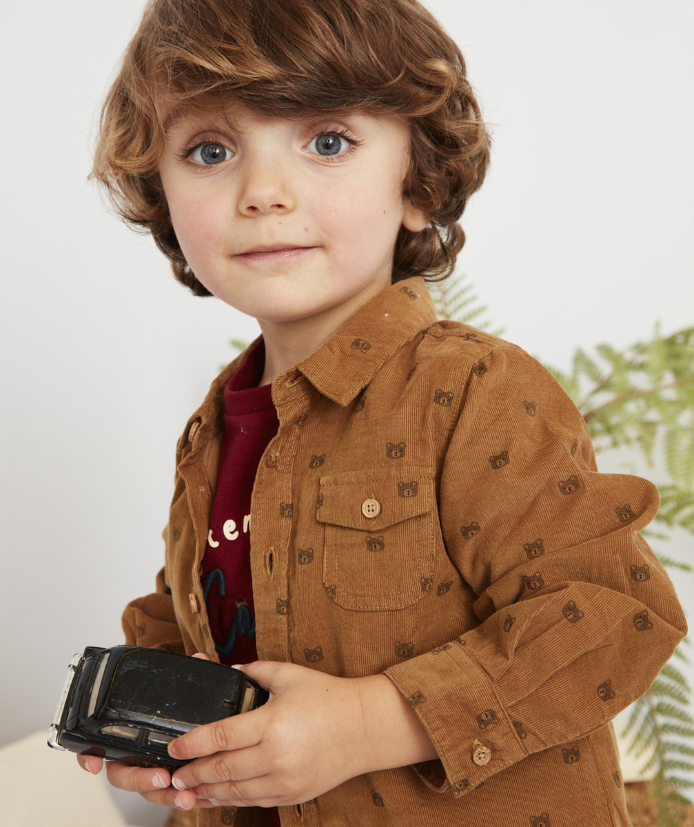 CHEMISE BÉBÉ GARÇON EN VELOURS CÔTELÉ MARRON AUX MOTIFS OURS