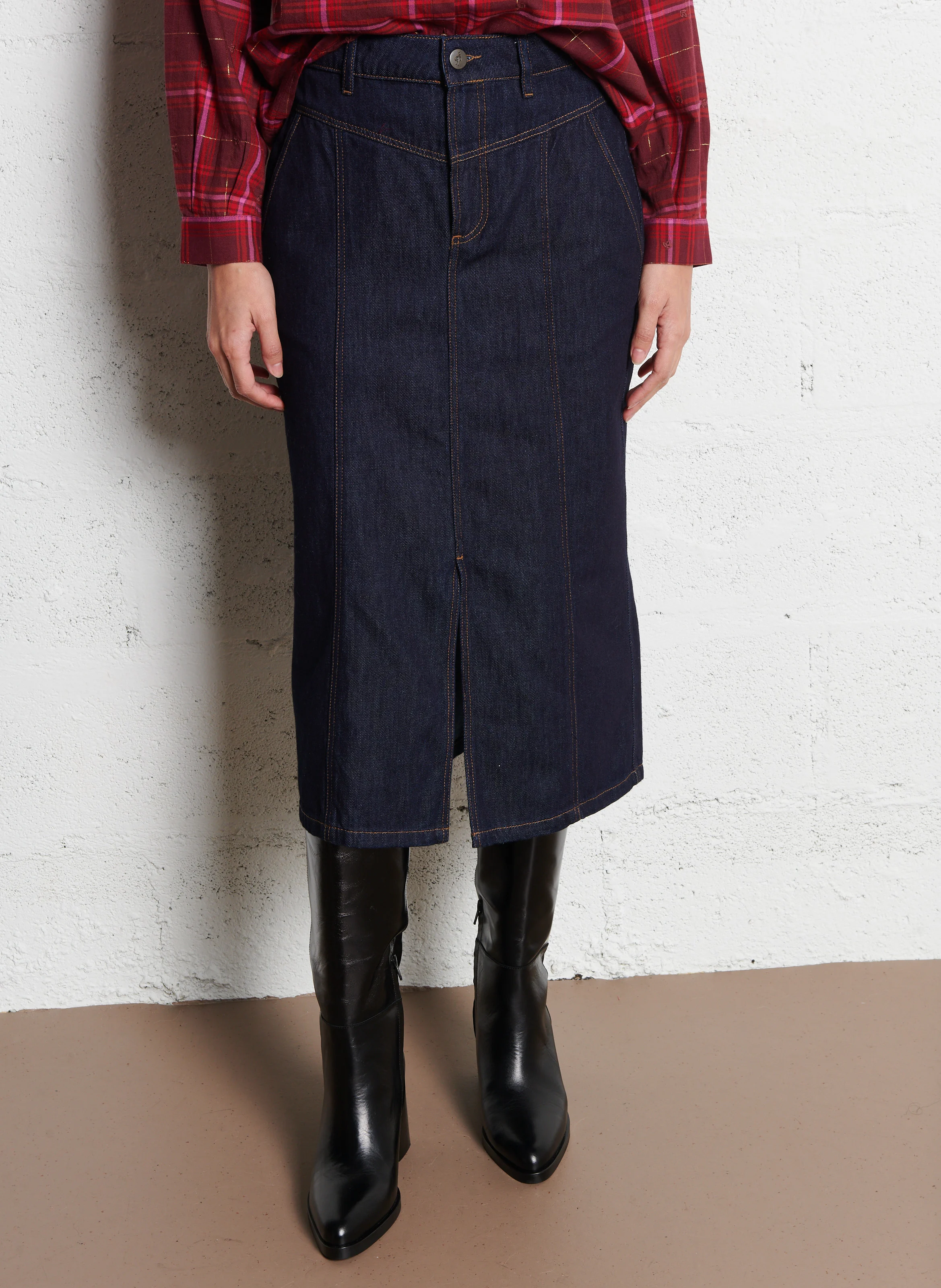 JAKE - Jupe midi en denim de coton | Bleu