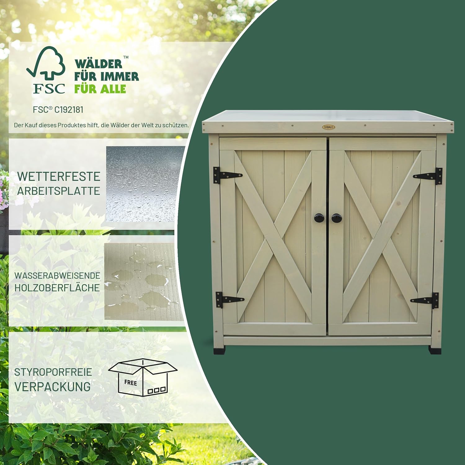 HABAU Gartenschrank, wetterfest in Grau lasiert, aus zertifiziertem Massivholz, ideal für Garten, Balkon und Terrasse (Laura)
