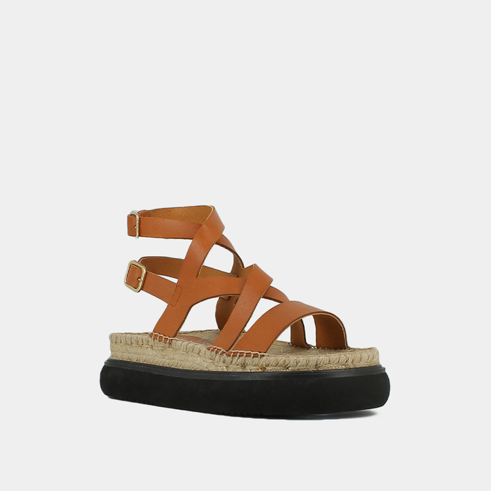 Sandales à brides croisées et plateformes  en cuir cognac
