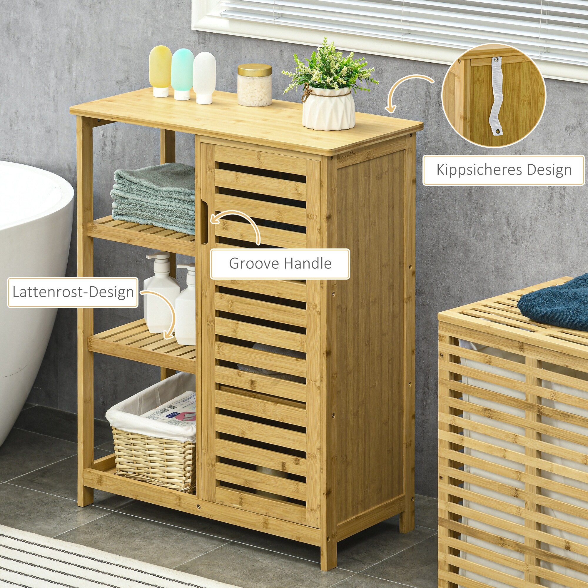 kleankin Badezimmerschrank mit offenem Regal und Kippschutz natur 66L x 33B x 87H cm