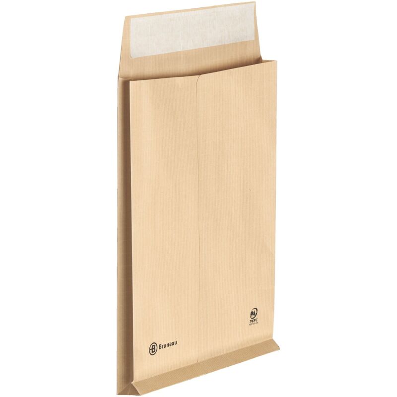 Pochette à soufflets 3 cm kraft brun armé 229 x 324 mm Bruneau 120 g avec fenêtre 50 x 105 mm - Boîte de 50