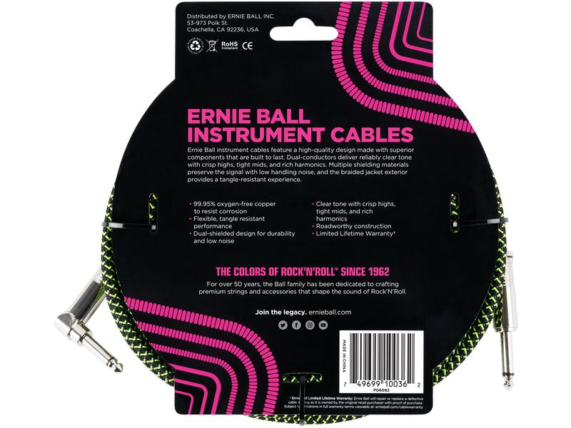 Ernie Ball Instrumentenkabel 6082 – 5.49 m, Grün/Schwarz Geflochtenes Standardkabel für Instrumente, Klinke-Winkelklinke
