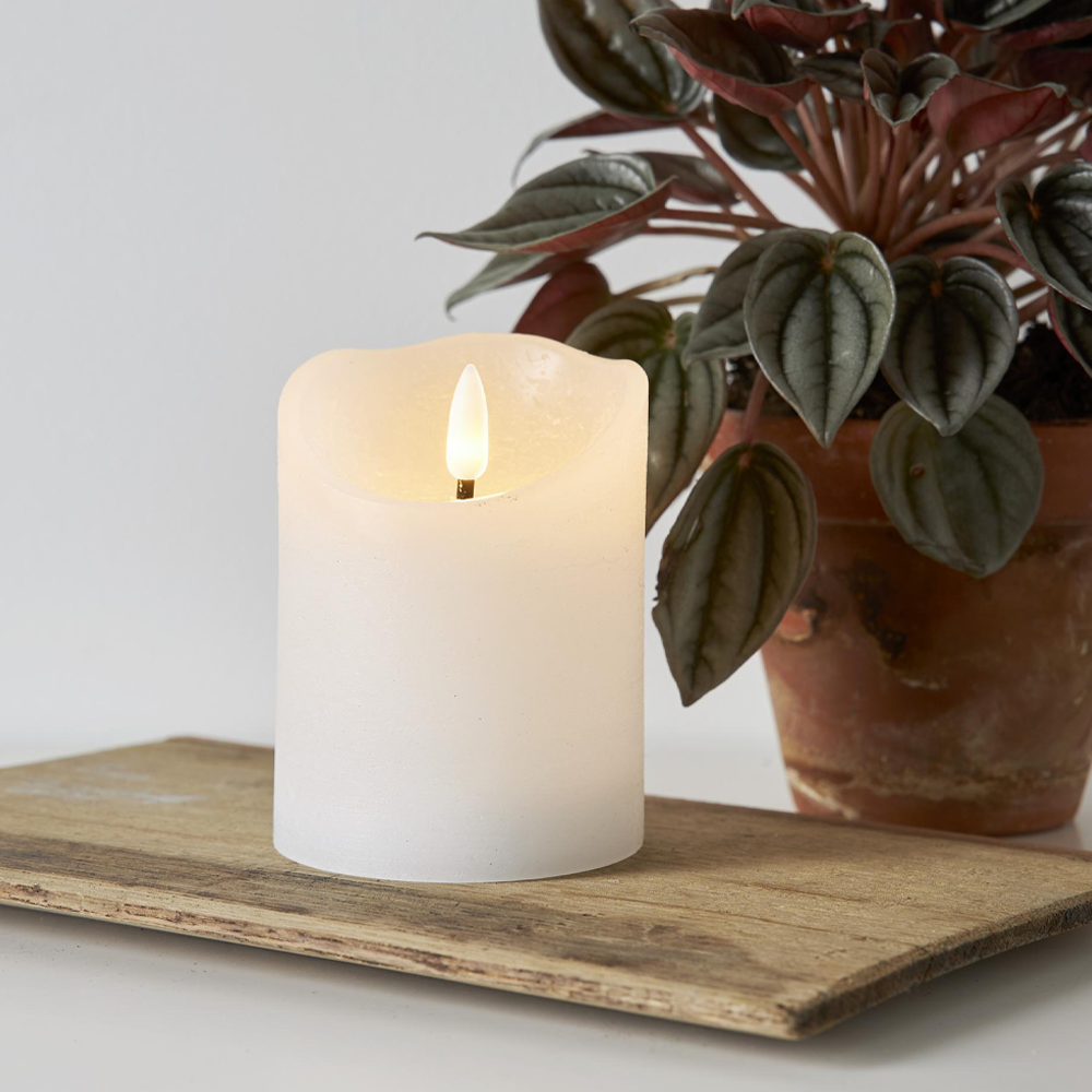 (12.5cm) Echtwachs LED Pillar Kerze Home Deko Stimmungsleuchte Flamme Rustic (12.061-14) - Weiss