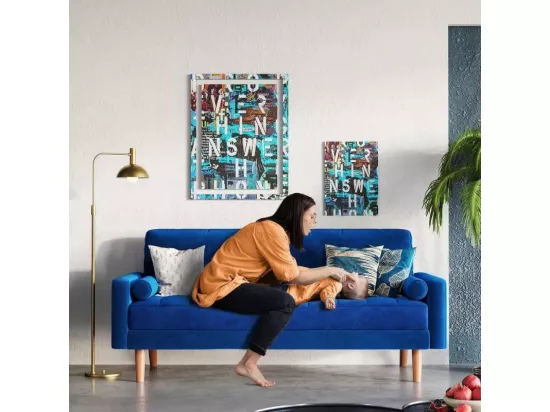 Canapé 2 Places en Velours Bleu, Mini Canapé Chambre avec Accoudoirs, pieds en bois effilés, Canapé Fixe un dossier bas