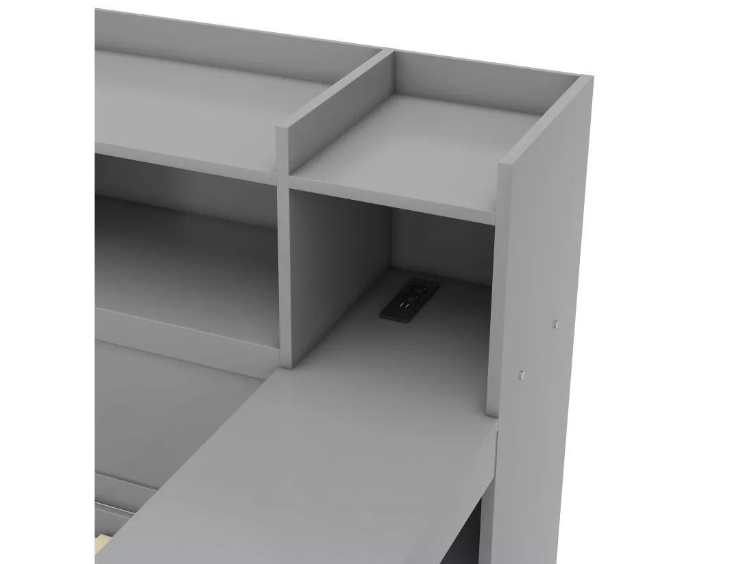 Lit banquette 90x200cm - bureau avec prise USB - 2 tiroirs & étagères - Gris (matelas non inclus)