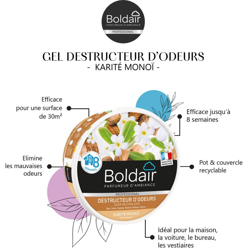 Désodorisant gel Boldair destructeur d'odeurs karité monoï - Boîte de 300 g