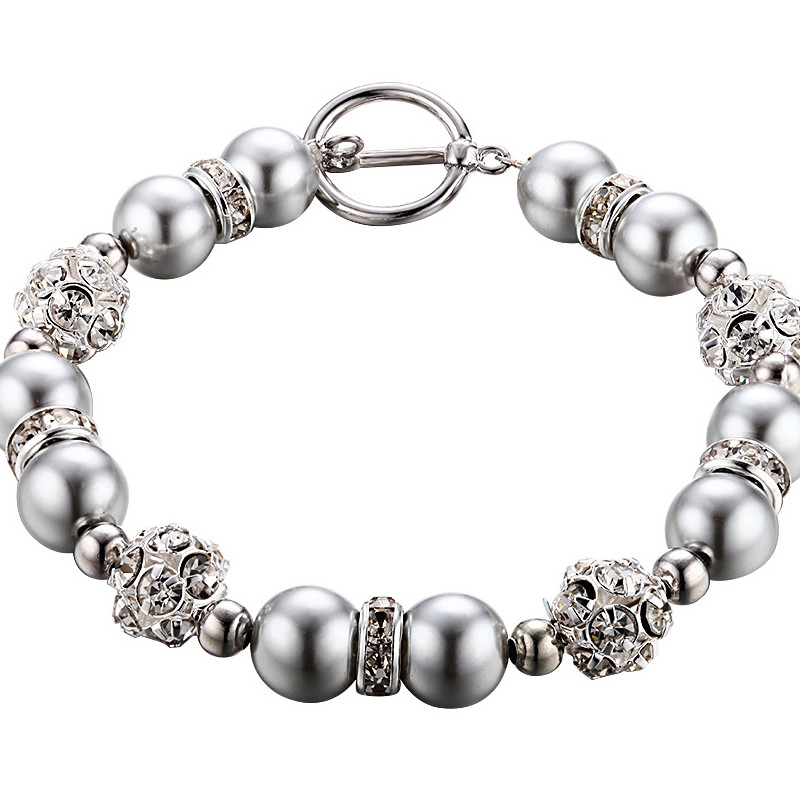 Parure Bracelet et Boucles d'oreilles Perles Argentées, Cristal et Plaqué Rhodium