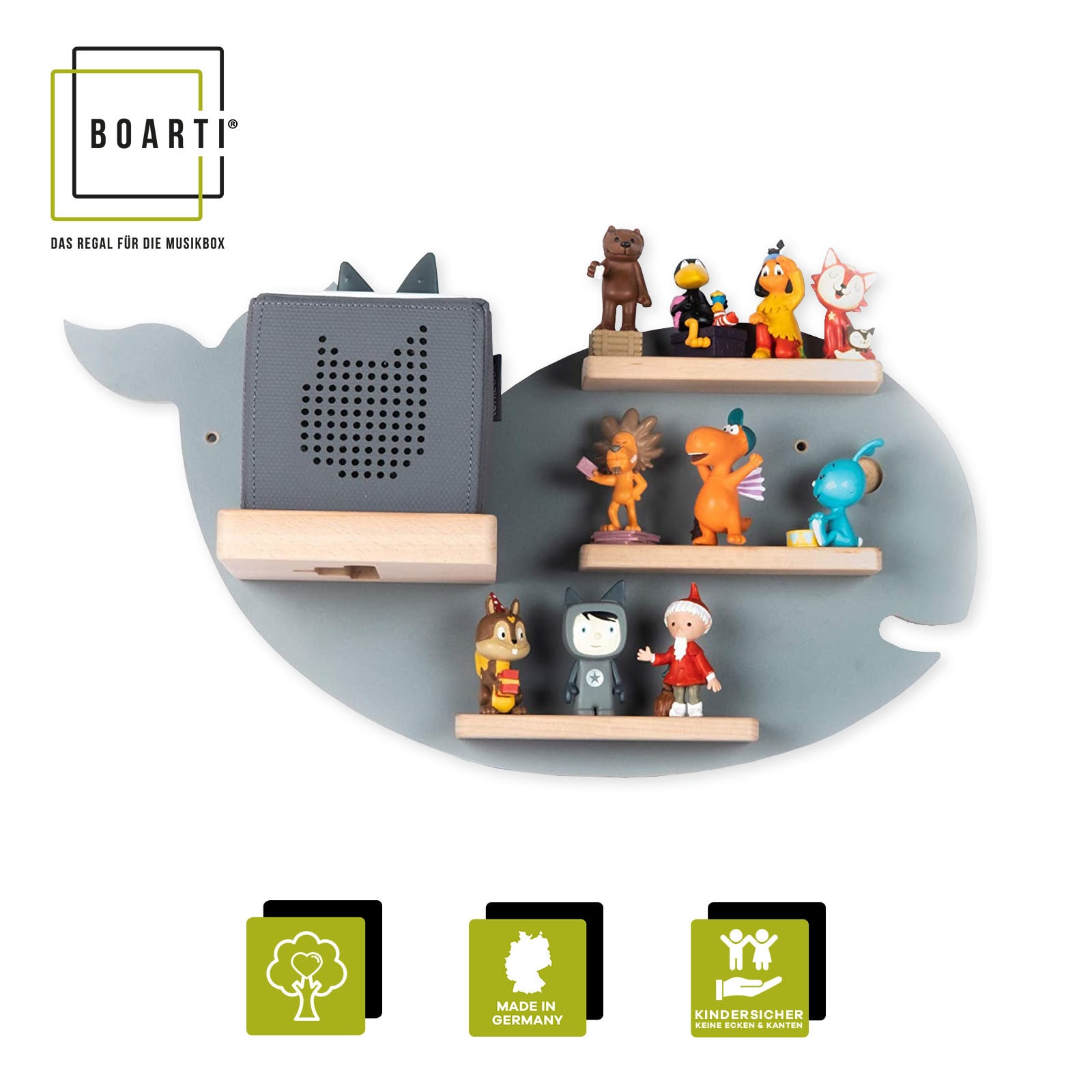 BOARTI Holz Tier Wal Kinder Regal Toniebox Figuren Wandregal Tonies Musikbox