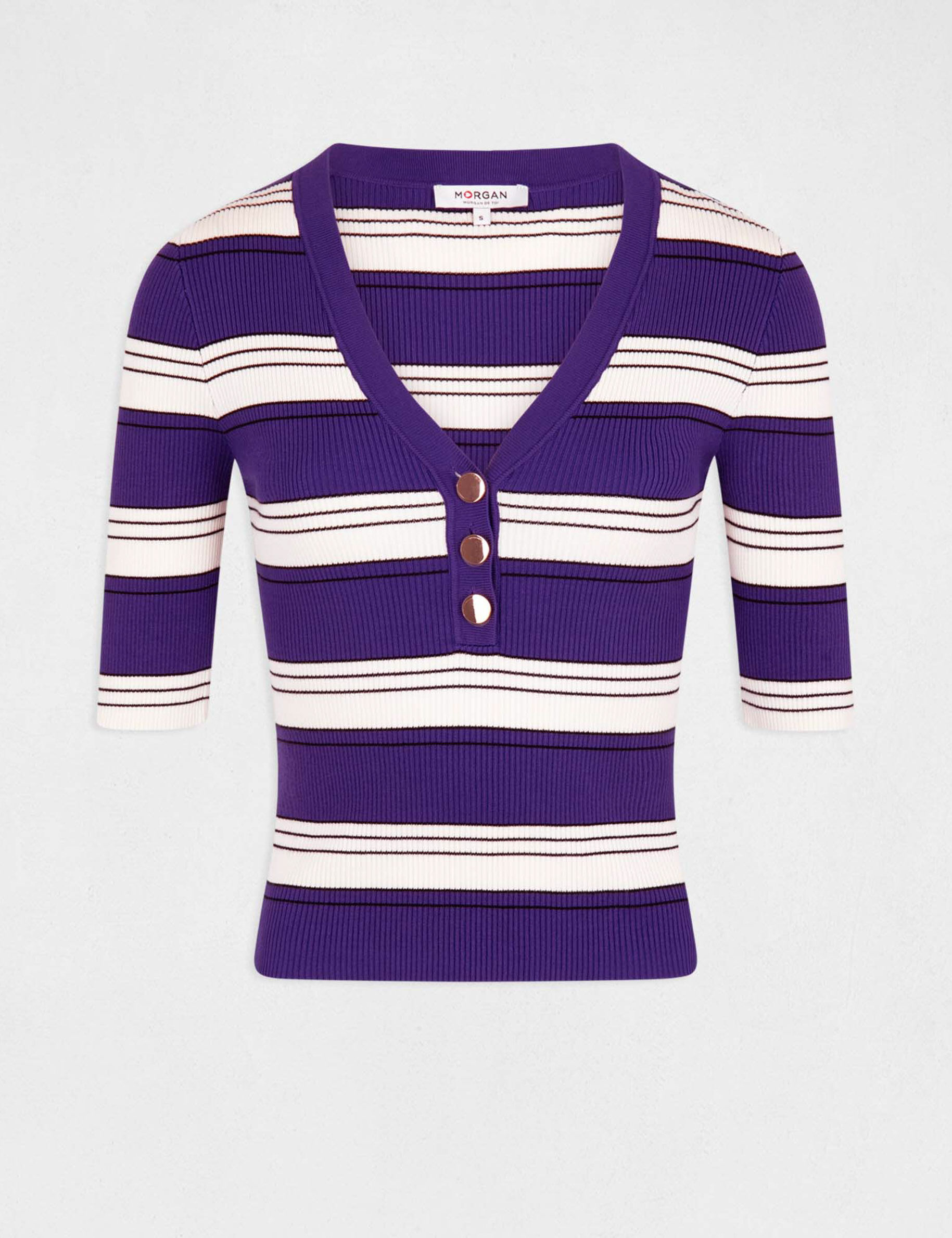 Pull manches courtes à rayures violet femme - violet