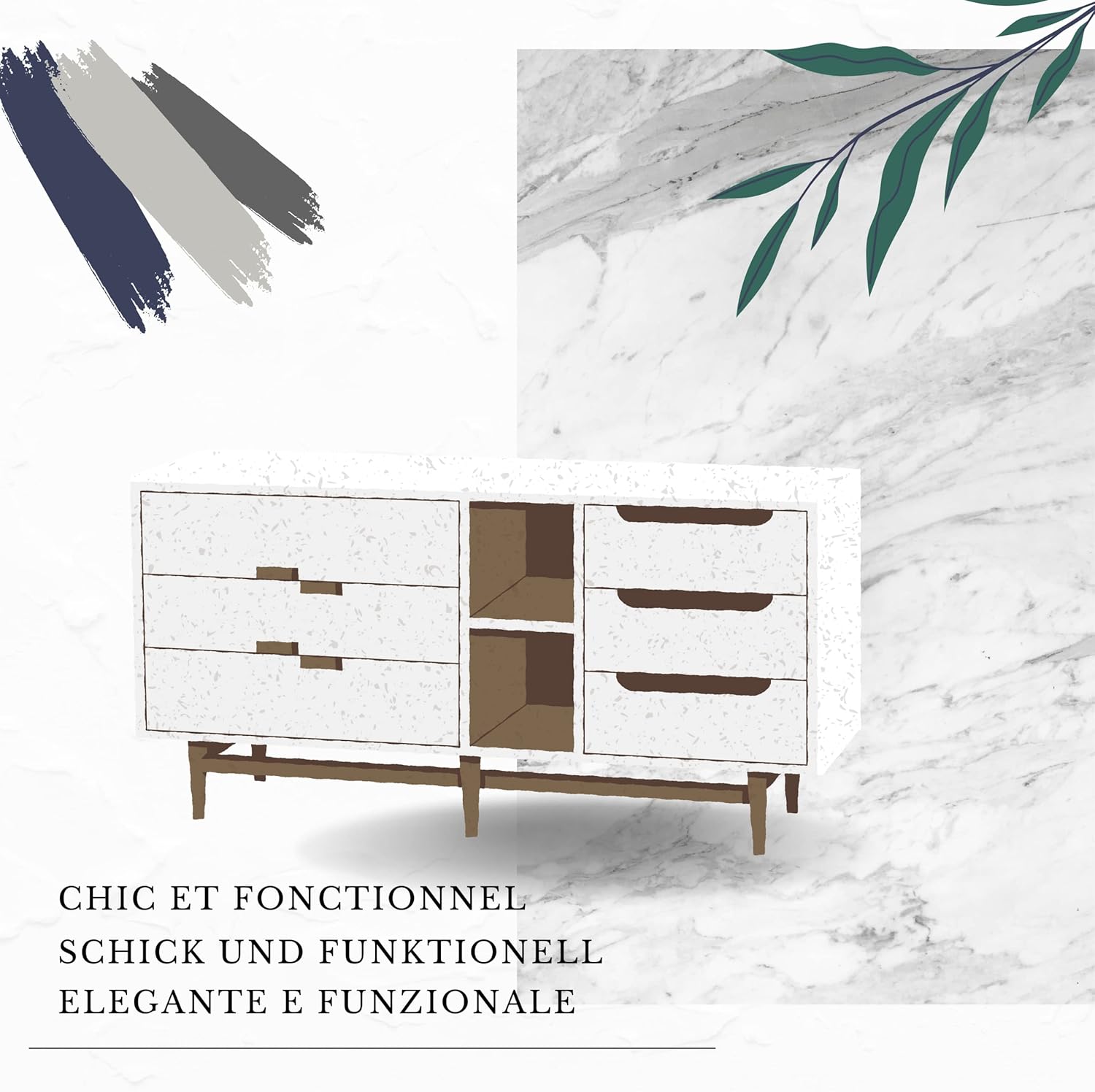 meble masztalerz Kommode Weiss Matt mit 5 Schubladen 70 cm, Sideboard Wohnzimmer, Kommode Schlafzimmer H: 124,5 cm, B: 70 cm, T: 39 cm Kommode mit Schubladen, Schubladenschrank