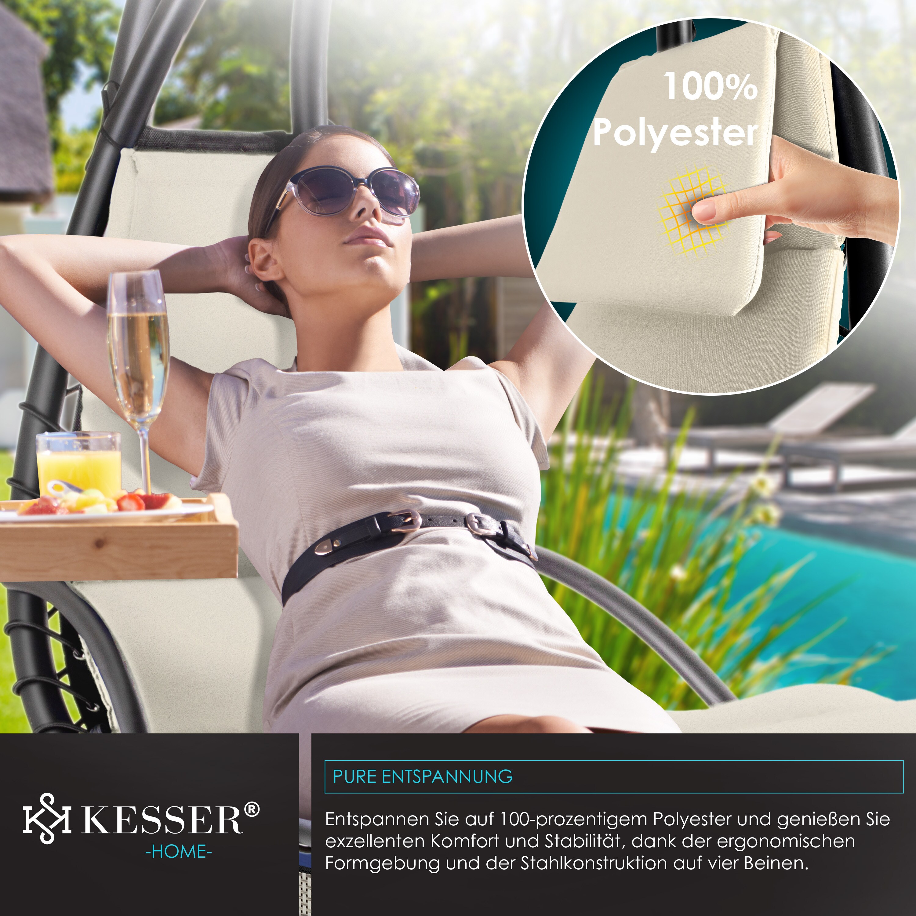 KESSER® Schwebeliege mit Sonnenschirm, Hängeliege , Sonnenliege H200, L194, B100 cm, Relaxliege, Schaukelliege Hängematte , bis 120 kg belastbar , Schaukelliege, Auflagen - Nackenkissen