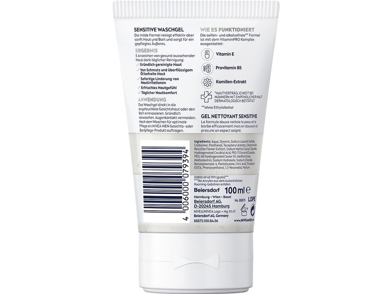 NIVEA MEN Waschgel Sensitive Mild 100 ml Waschgel reinigt effektiv, aber sanft Haut und Bart