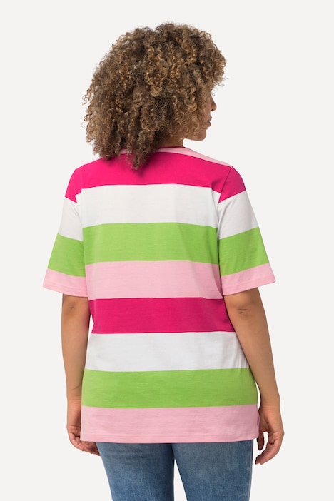 T-Shirt, Ringel, Stickerei, Rundhals, Halbarm