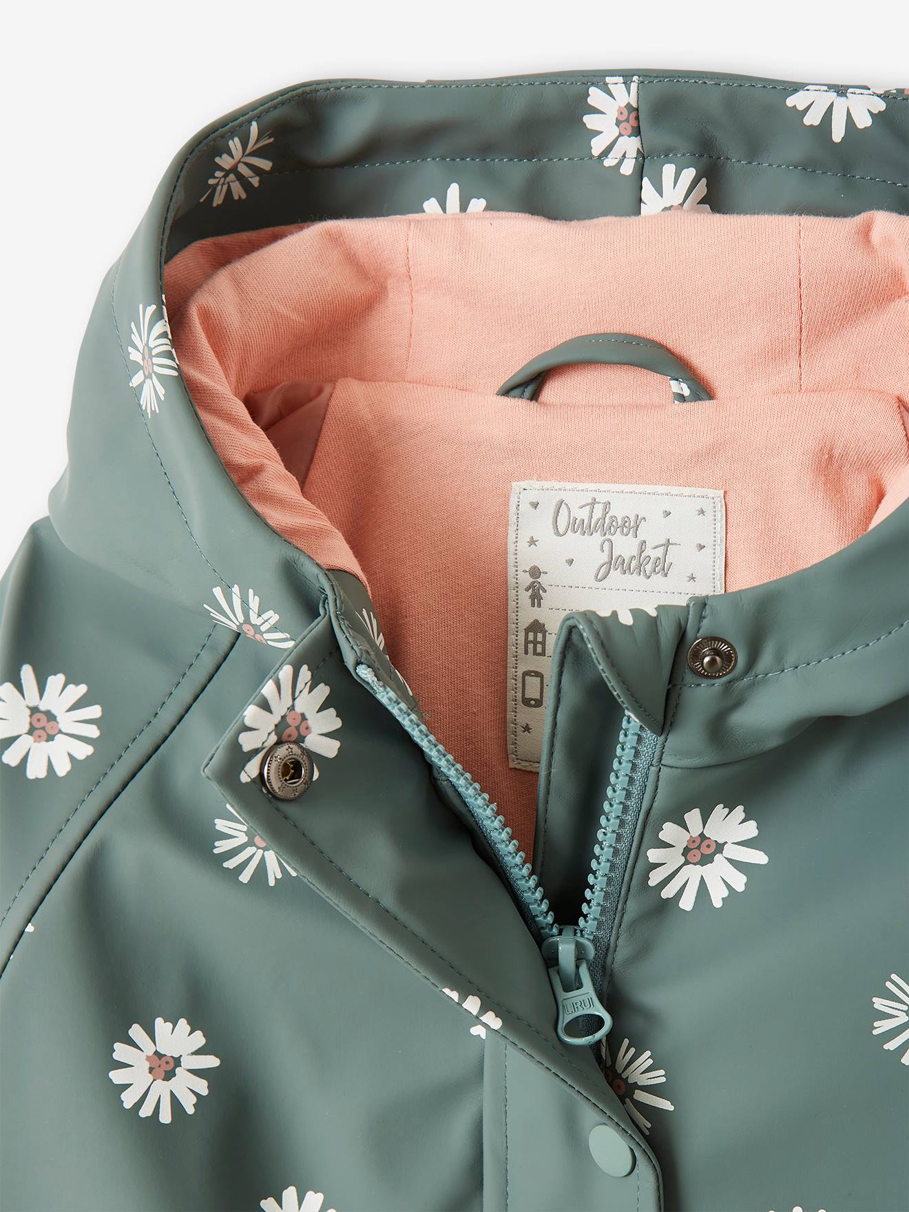Capa de chuva com capuz e estampa de bolinhas, para meninas, verde médio.