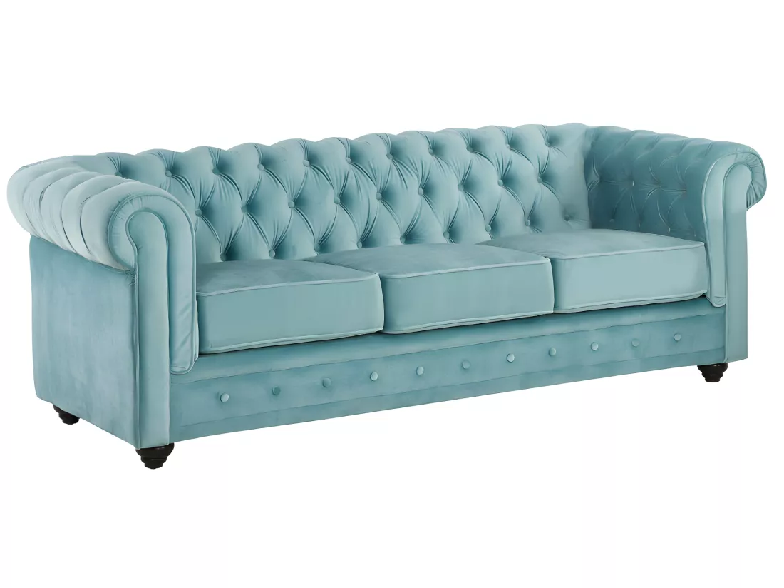 Canapés 3 places et 2 places en velours bleu pastel CHESTERFIELD