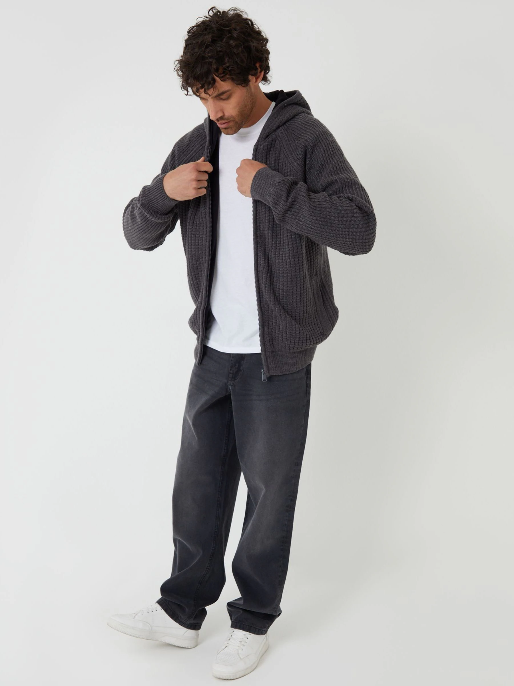 Grijs - Threadbare gebreide hoodie met rits en microfleece voering