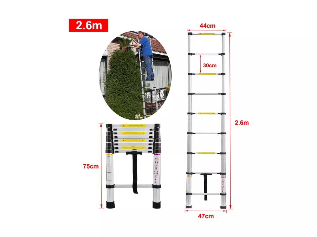 Échelle télescopique de 2,6 m en Aluminium - Escabeau Pliant - 9 barreaux - avec Pieds Antidérapants - Charge Max 150 kg