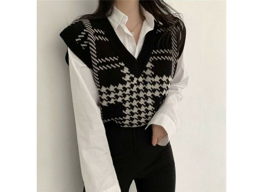 FR - V-hals pied-de-poule trui vest