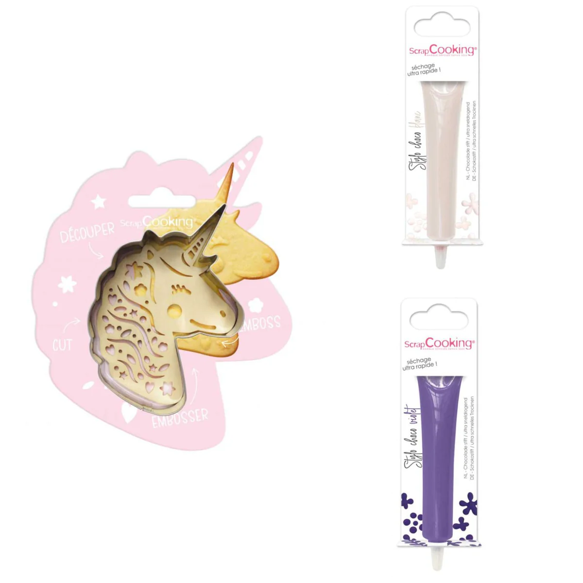 Kit pour biscuit en relief Licorne + 2 Stylos au chocolat blanc et vio