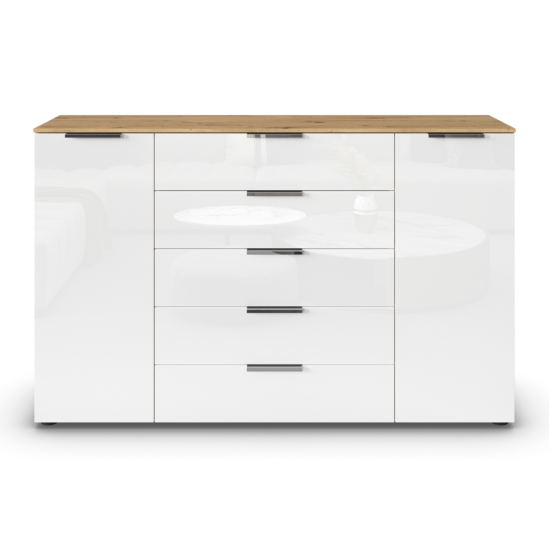 Kommode - Artisan Eiche-Kristallweißglas - Chromgriffe - 160 cm
