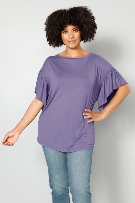 T-Shirt, oversized, U-Boot-Ausschnitt, Rüschen-Halbarm